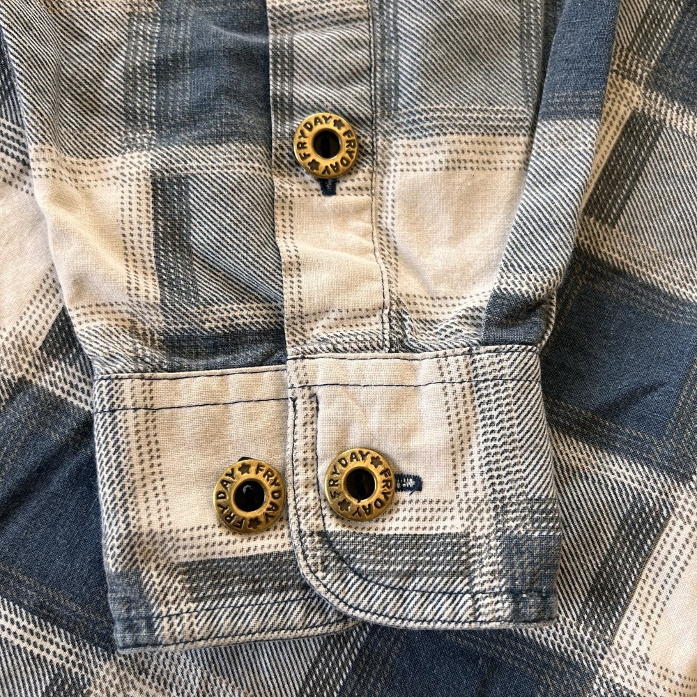 Vintage Fryday Club Men's Shirt Size Large Blue White Plaid Denim Collar Cotton - Picture 3 of 7